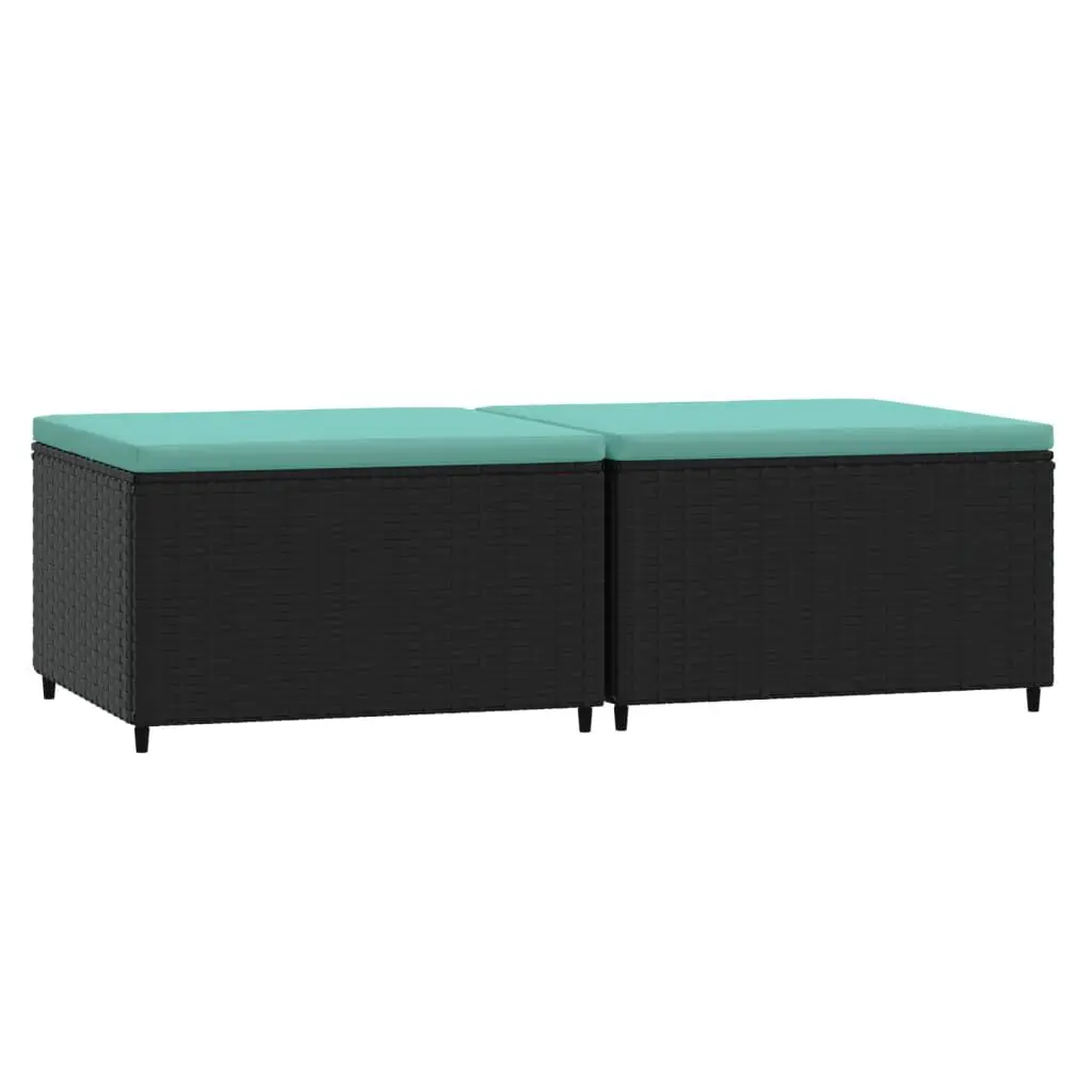 Patio Footrests Cushions 2 Pieces Black Poly Rattan Outdoor Comfort Set