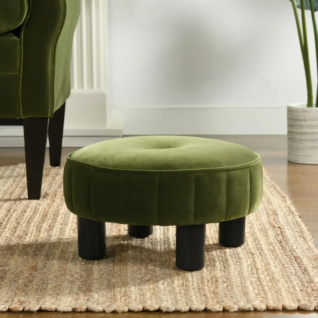 Riley 16 Inch Round Footstool Ottoman Olive Green Performance Velvet jennifer taylor home