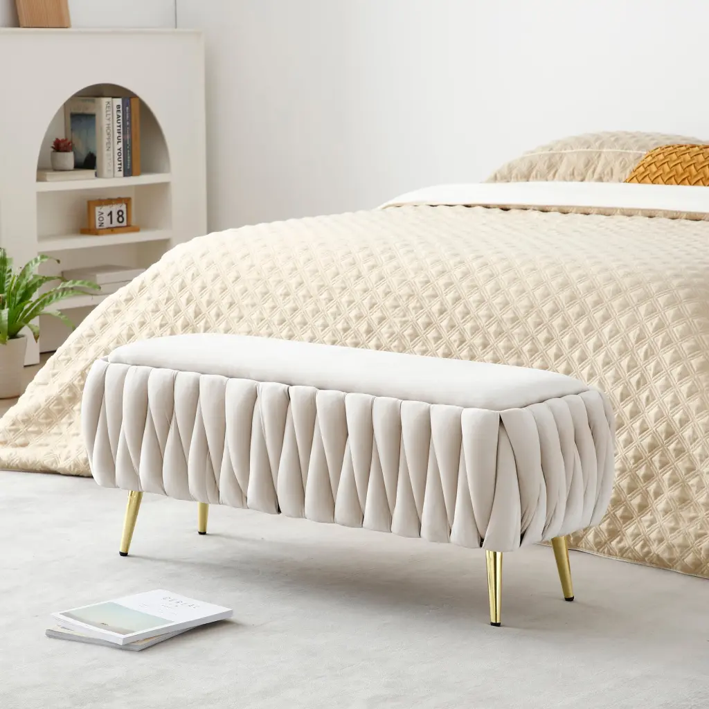 Oval Storage Bench Precious Metal Legs Velvet Upholstered Ottoman Stool aijiafurniture