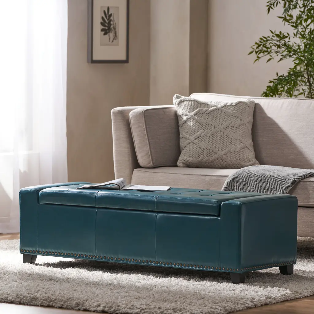 Chelsea Storage Ottoman W Studs Teal Pu nh-perfect home