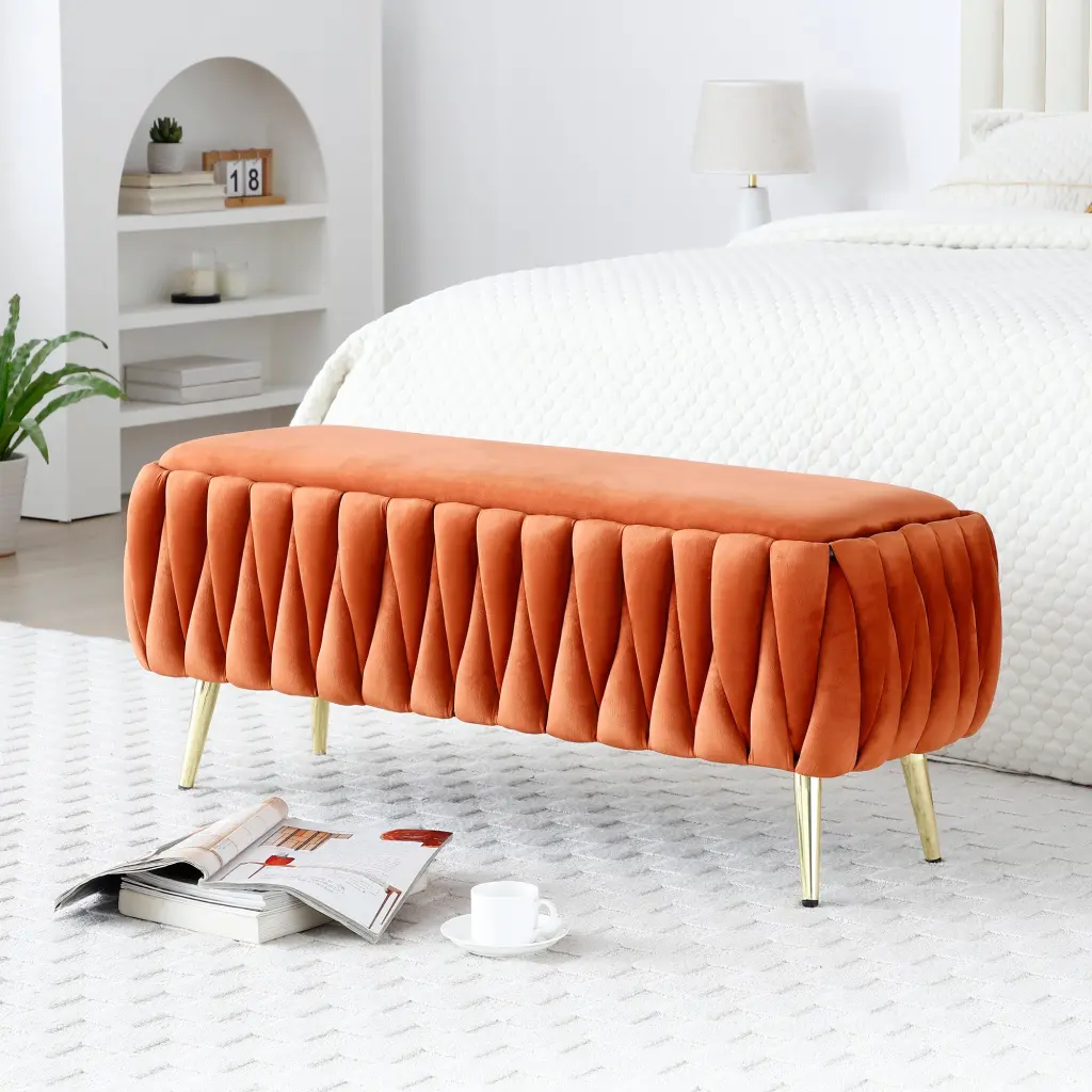Oval Storage Bench Gold Legs Velvet Material Woven Upholstered Ottoman aijiafurniture