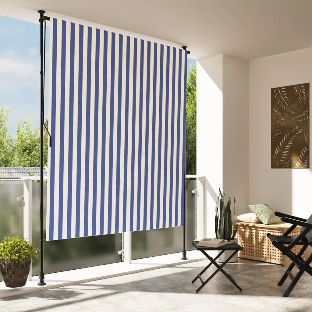 Outdoor Roller Blind Blue and White 59.1x106.3 Inches Fabric & Steel Shade
