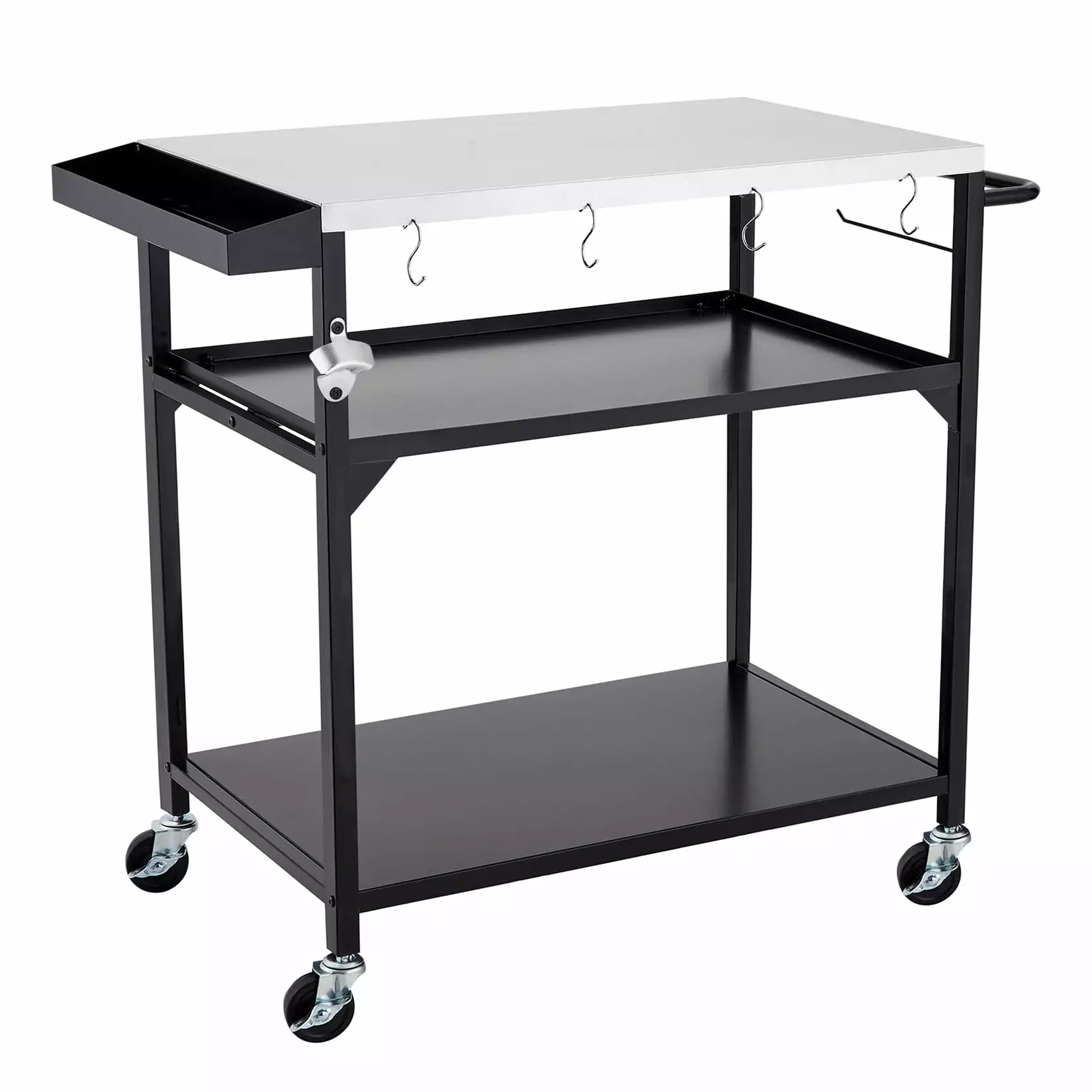 Three-Shelf Movable Outdoor Dining Cart Table Outdoor Grill Table Cart 4 Wheels Stainless Steel Pizza Oven Tables Outside ...