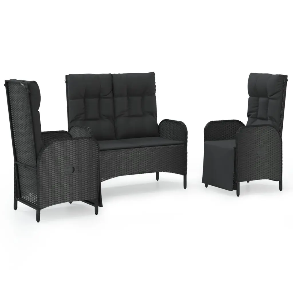 3 Piece Patio Dining Set Cushions Black Poly Rattan Outdoor Furniture