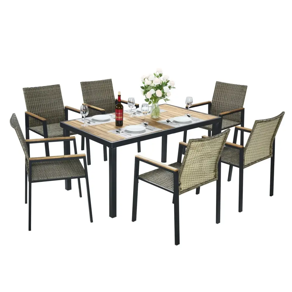 Slatted Metal All Weather 7 Piece Patio Dining Table Set Umbrella Hole - Chestnut / Gray