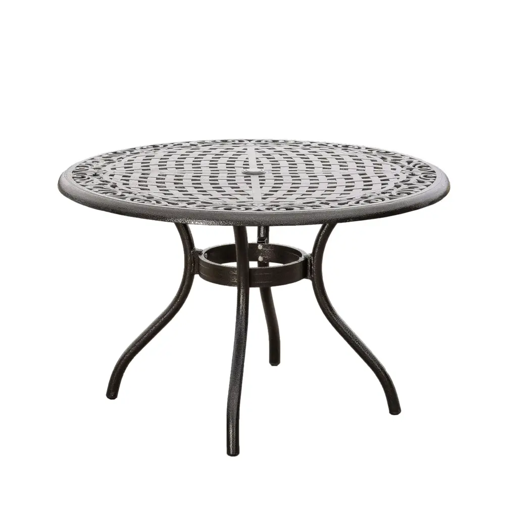 Tranquilius - Outdoor Round Dining Table Lattice Countertop, Umbrella Hole And Curved Legs Tempered Glass Top