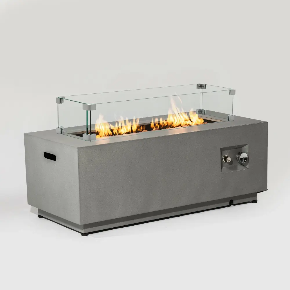 Copper Bowl Fire 42" Propane Gas Fire Pit Table, 50000 Btu Rectangular Metal Fire Pit Glass Wind Guard Outside Patio Deck ...