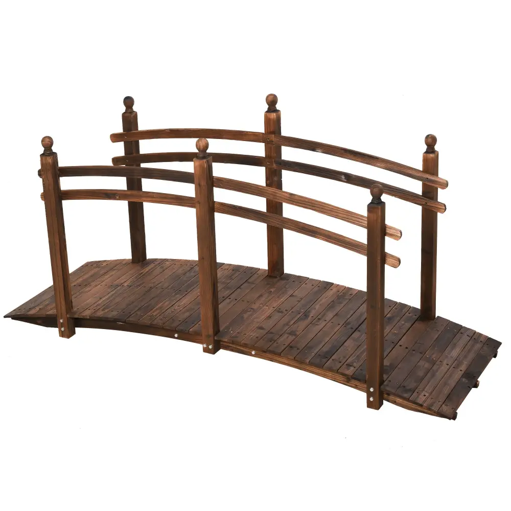 Outsunny - Fir Wood Garden Bridge Arc Walkway Side Railings, Superb Backyards, Gardens, & Streams, Carbonized - Brown | Ru...