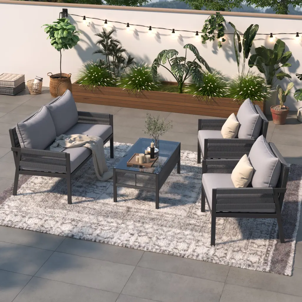 K&K 4 Piece Rope Patio Home Decor Set Outdoor Decor Tempered Glass rnb