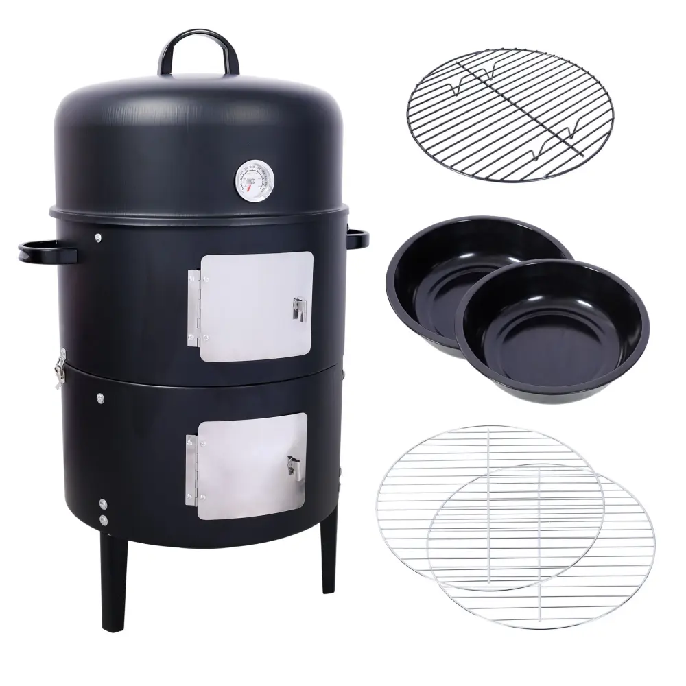 Heavy Duty Round Bbq Grill 17" Chromed Charcoal Smoker Outdoor Cooking - Black Compatible WiFi Thermometer