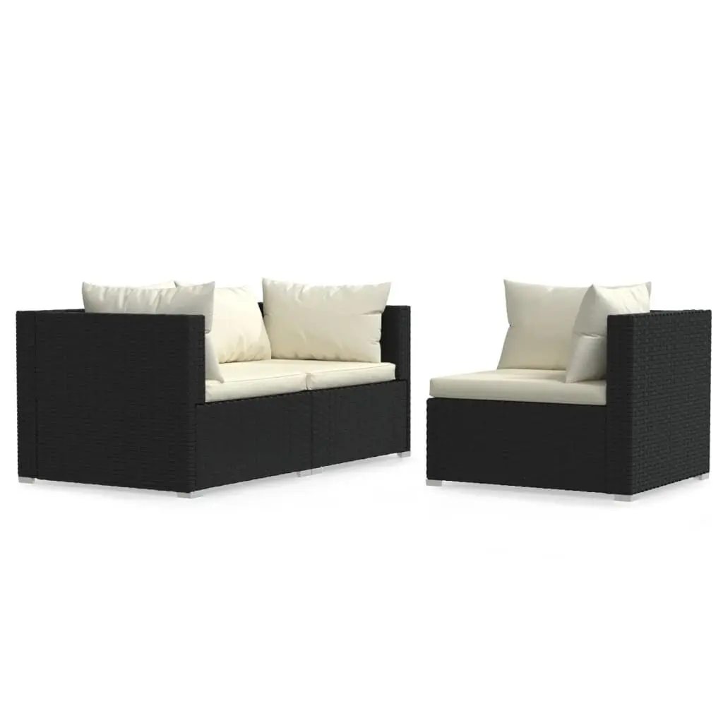 3 Piece Patio Lounge Set Cushions Black Poly Rattan Outdoor Sofa and Coffee Table