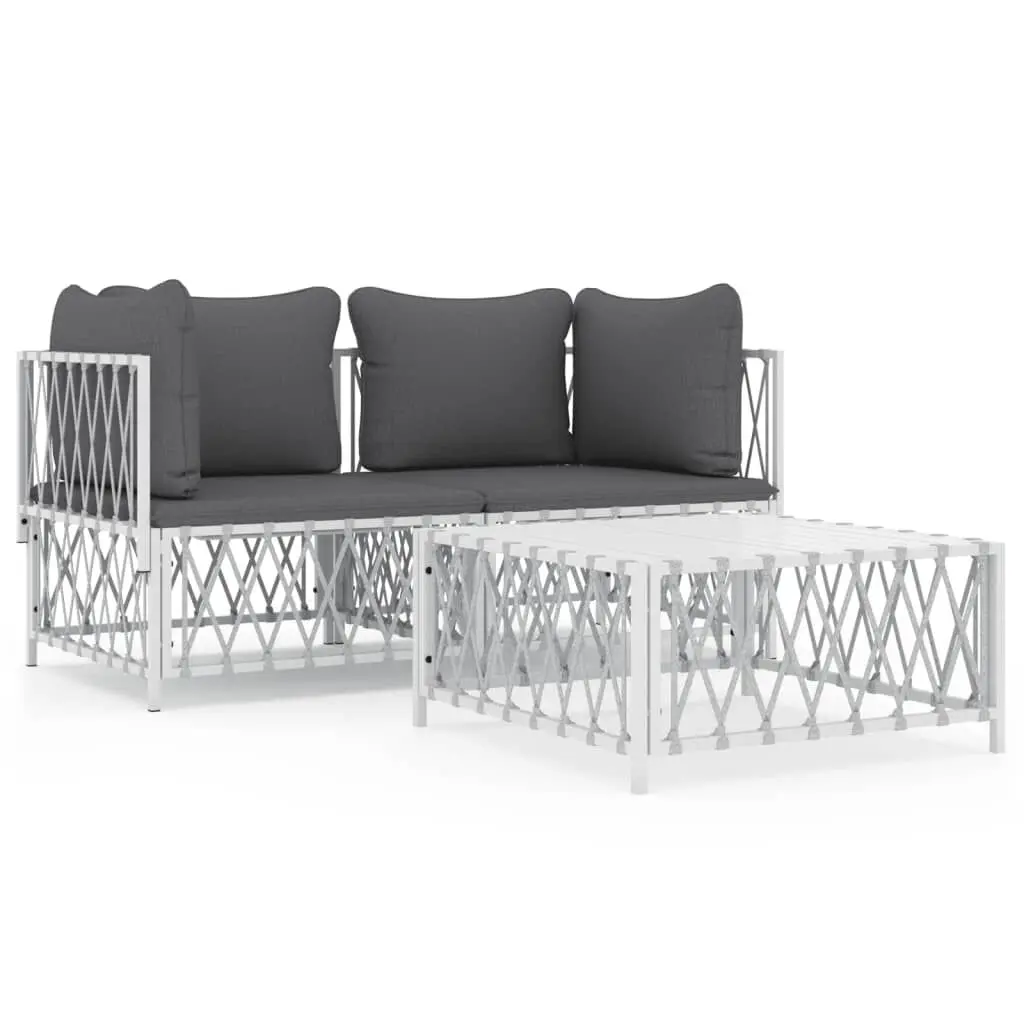 3 Piece Patio Lounge Set Cushions White Steel Outdoor Furniture
