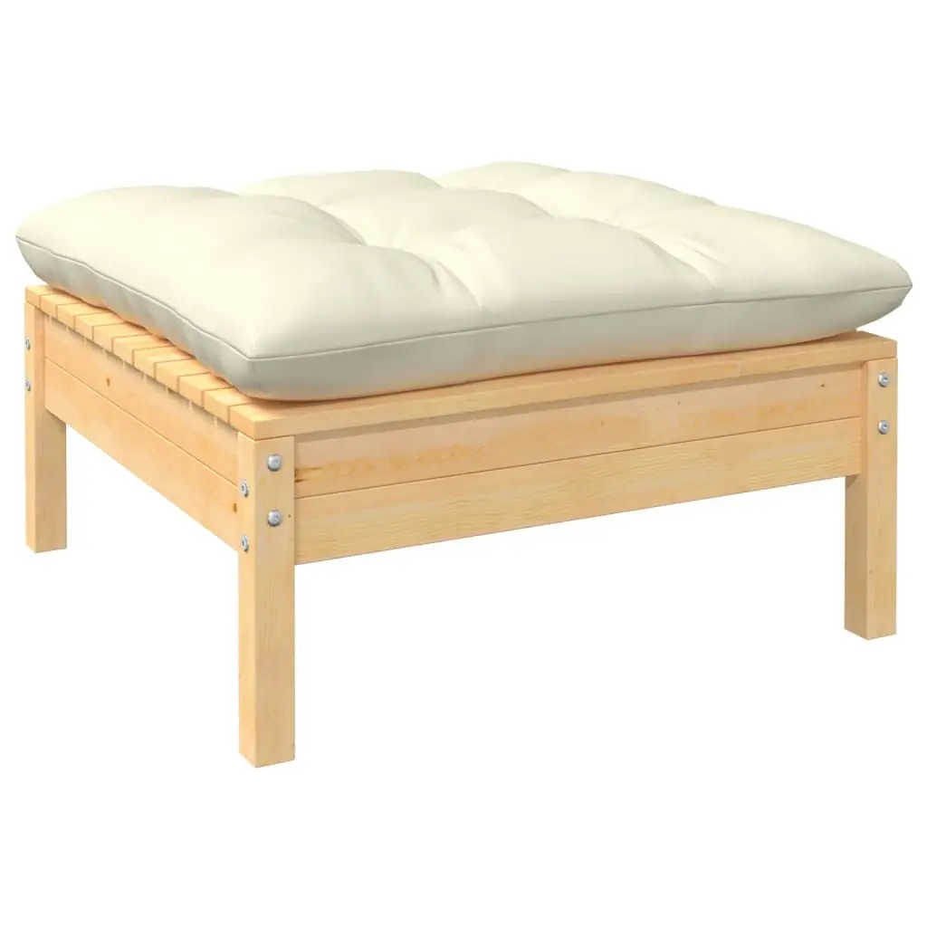 Patio Footstool Cream Cushion Solid Pinewood Outdoor Ottoman