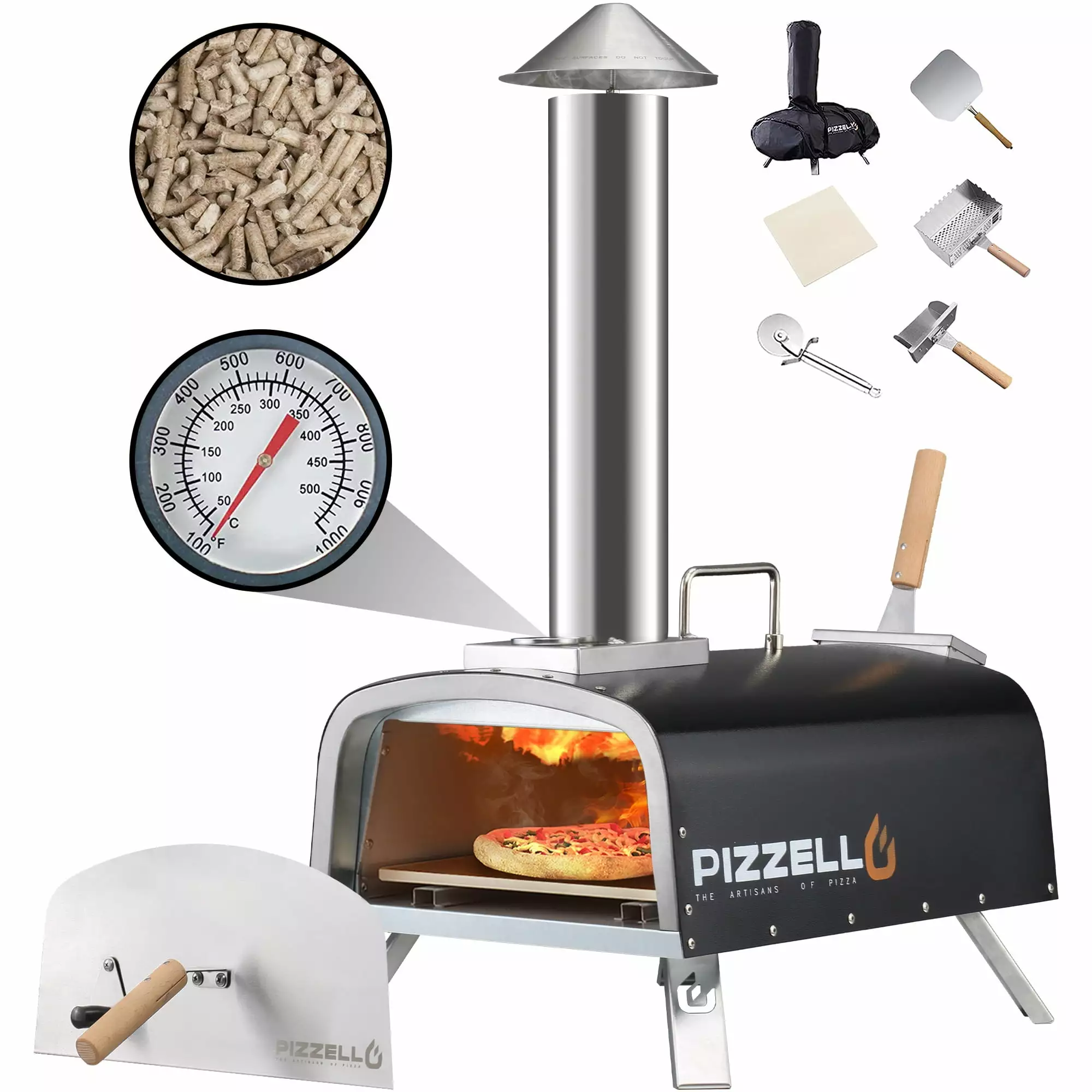 Pizzello Pellet Pizza Oven 12 Outdoor Wood Fired Oven Pizza Stone, Peel, and Thermometer 12