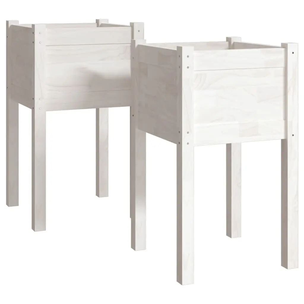 Garden Planters Set 2 White 15.7x15.7x27.6 Inches Solid Wood Pine Outdoor Flower Pots