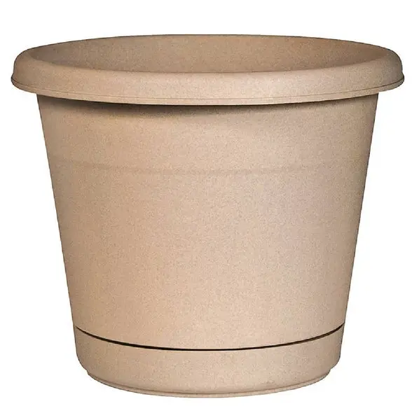 Southern Patio RN1207TA Rolled Rim Planter Attached Saucer 12 Inch Oxford Tan