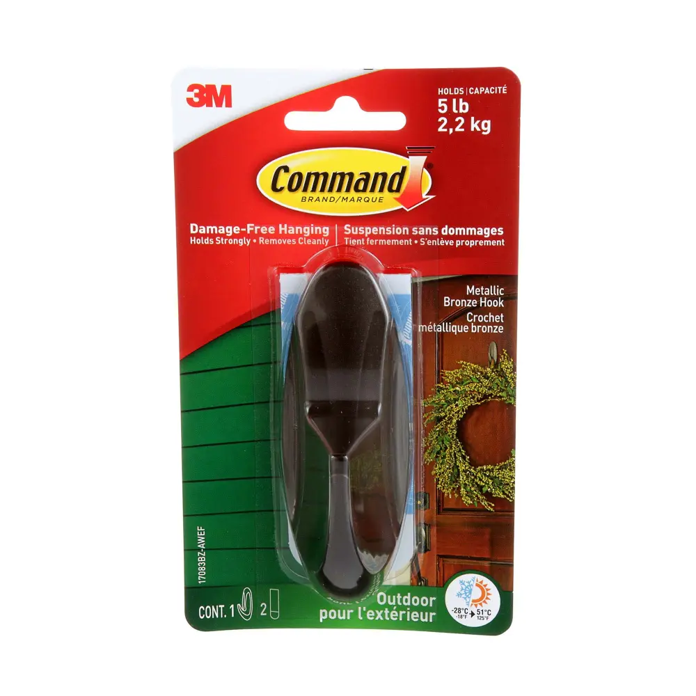 Command Metallic Bronze & Jumbo Outdoor Designer Hook, 5 lb (2.3 kg), 1 Hook, 2 All-Weather Strips