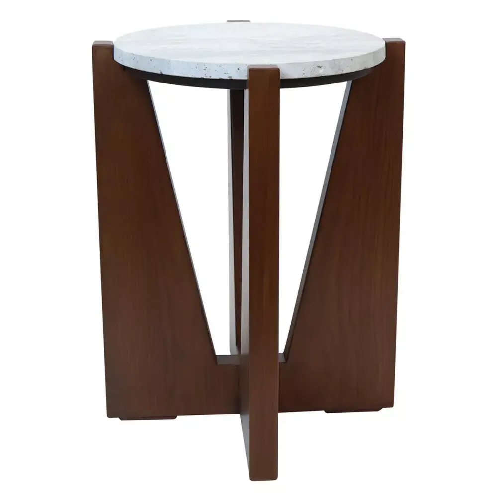 Adjustable Height Walton Travertine Top Acacia Wood Side Table - Cocoa