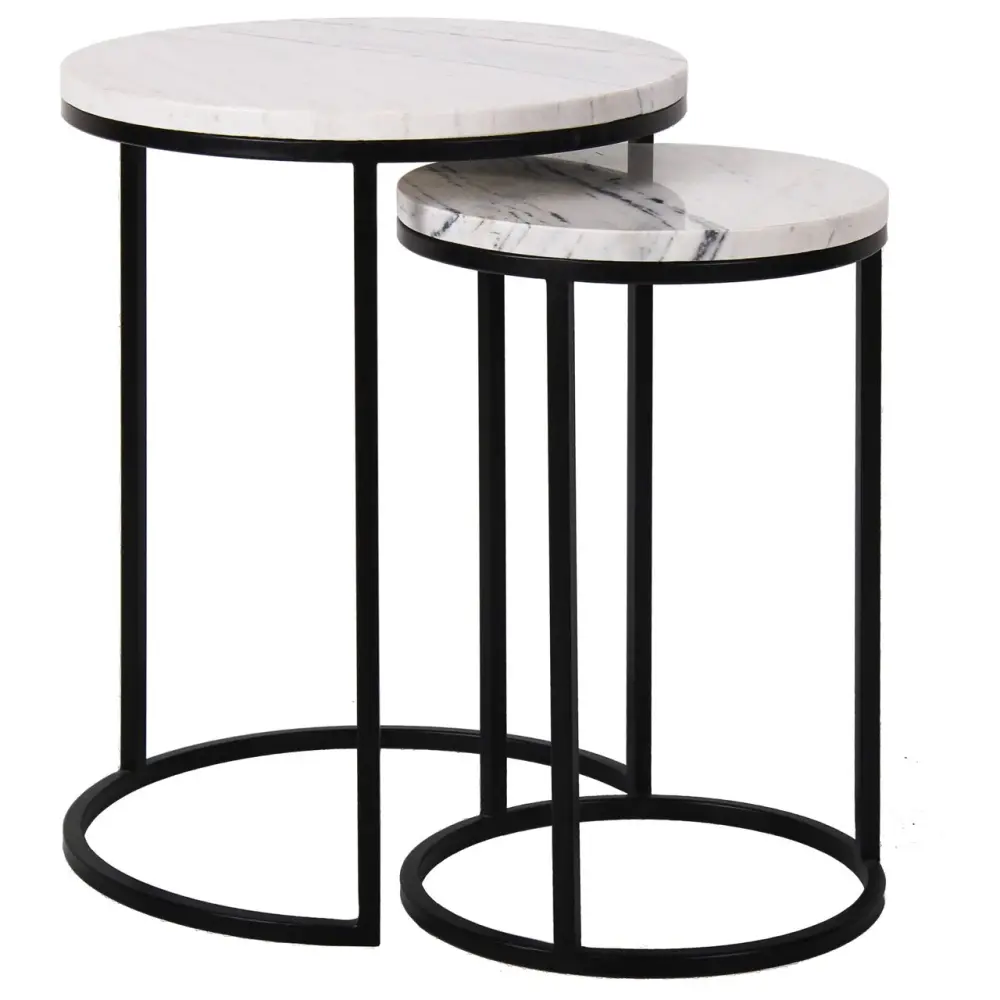 All-Weather Lexington Set 2 Round Carrara Marble Side Tables - Chalk & Black
