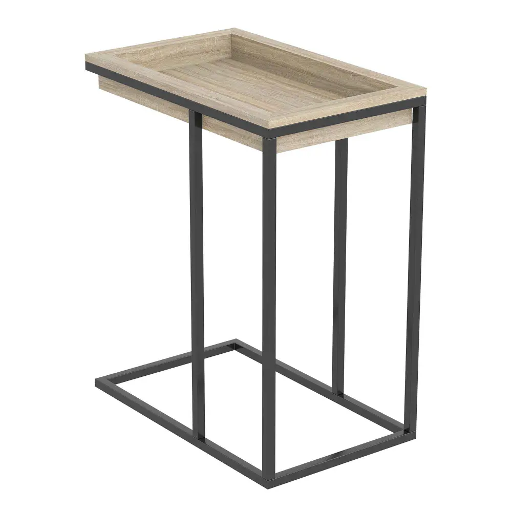 C-Shaped Side Table Recessed Reclaimed Wood-Look Top and Jet-black Metal Base, 20.25" x 12.5" x 24.25"
