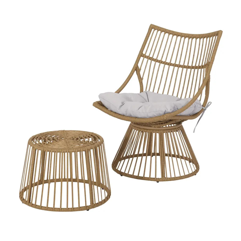 Folding Picnic 2 Piece Rattan Patio Place Club Chair And Side Table - Beige / Light Brown