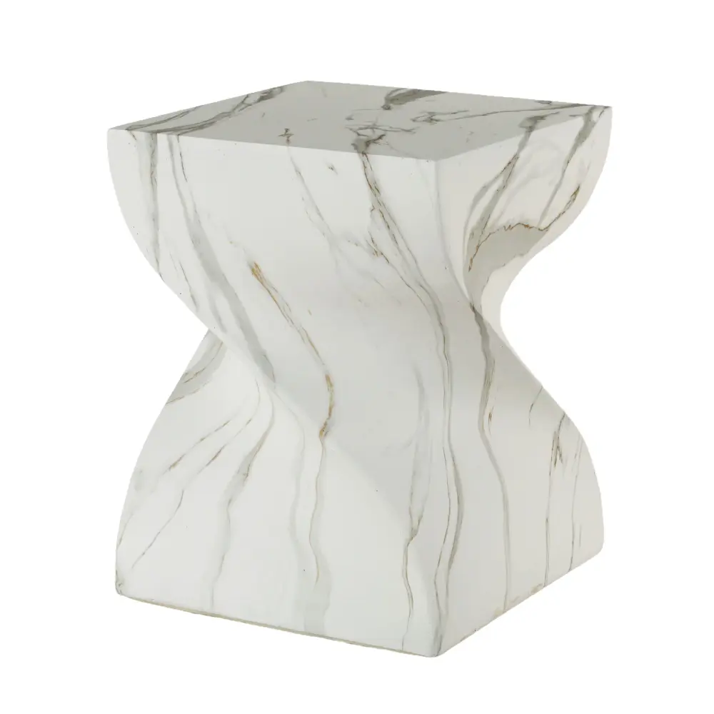 Outdoor End Table, Round Side Table Patio And Garden - Marble Acacia Wood