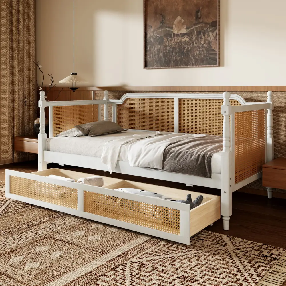 Traditional Style Rattan Daybed, No Box Spring Needed