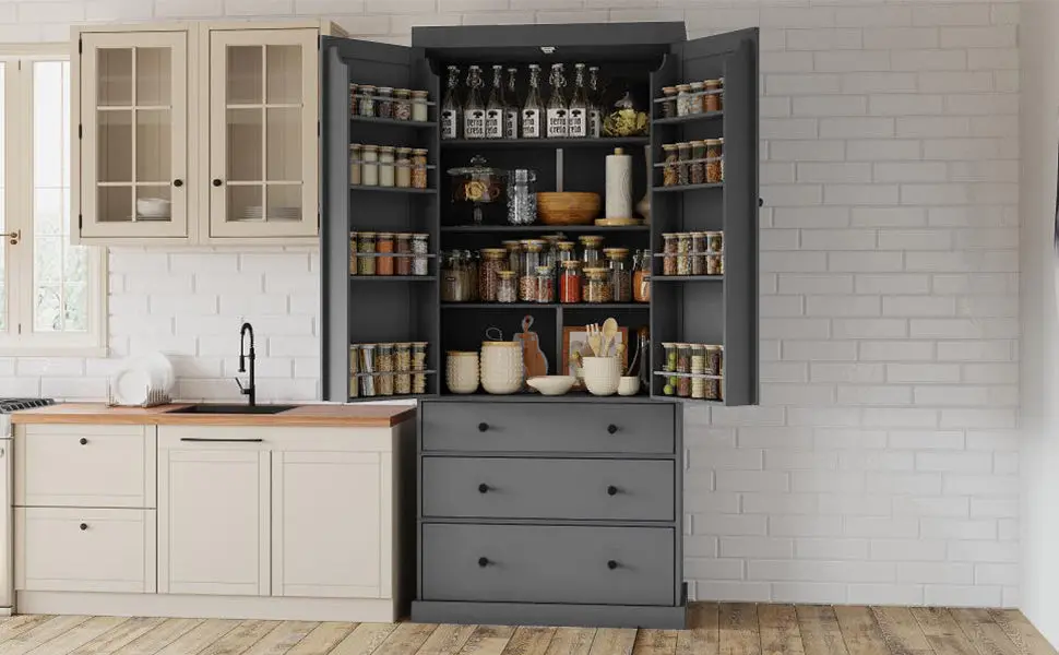77Inch Farmhouse Kitchen Pantry Freestanding Tall Cupboard Storage Cabinet rnb