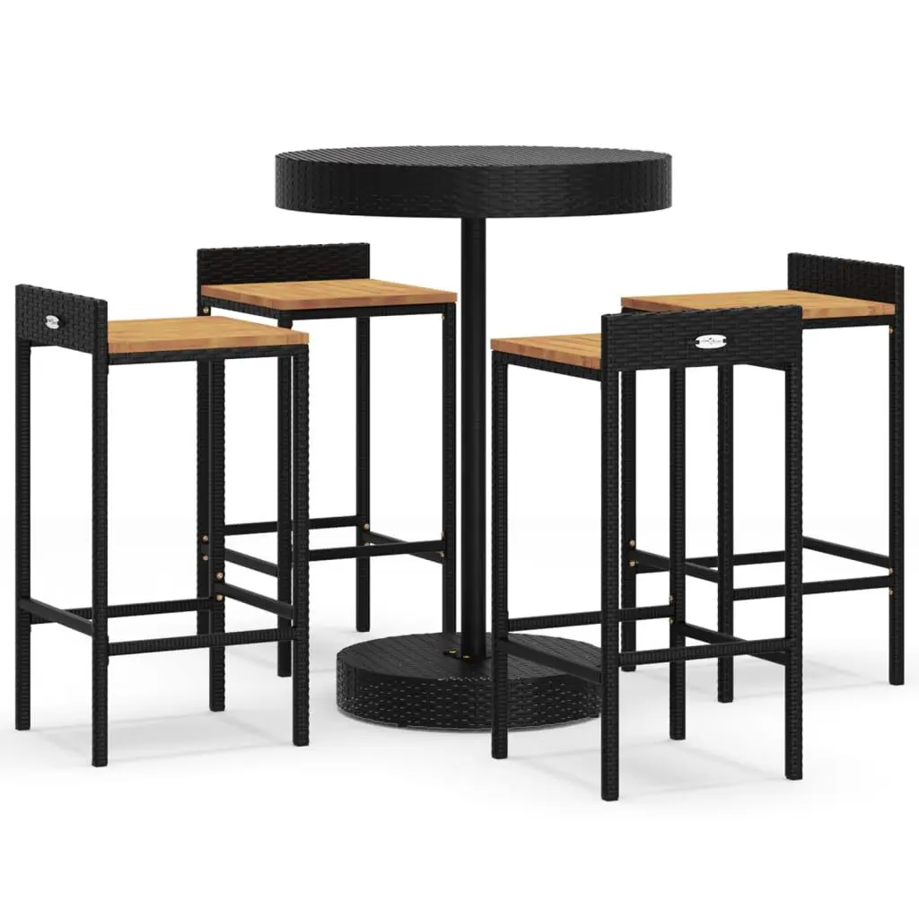 5 Piece Patio Bar Set Black Poly Rattan and Solid Wood Acacia Outdoor Furniture