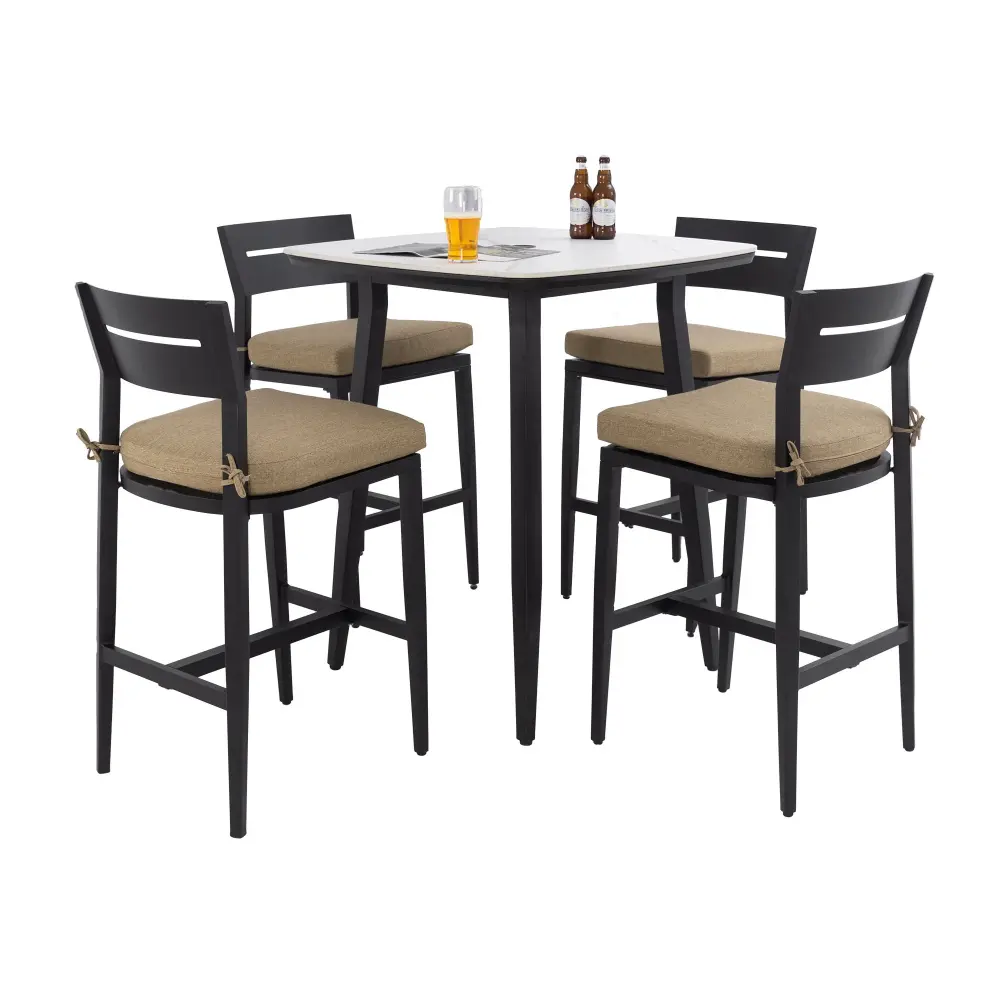 5 Pieces Outdoor Patio Bar Adjust, Rounded Square Table & 4 Aluminum Bar Stools