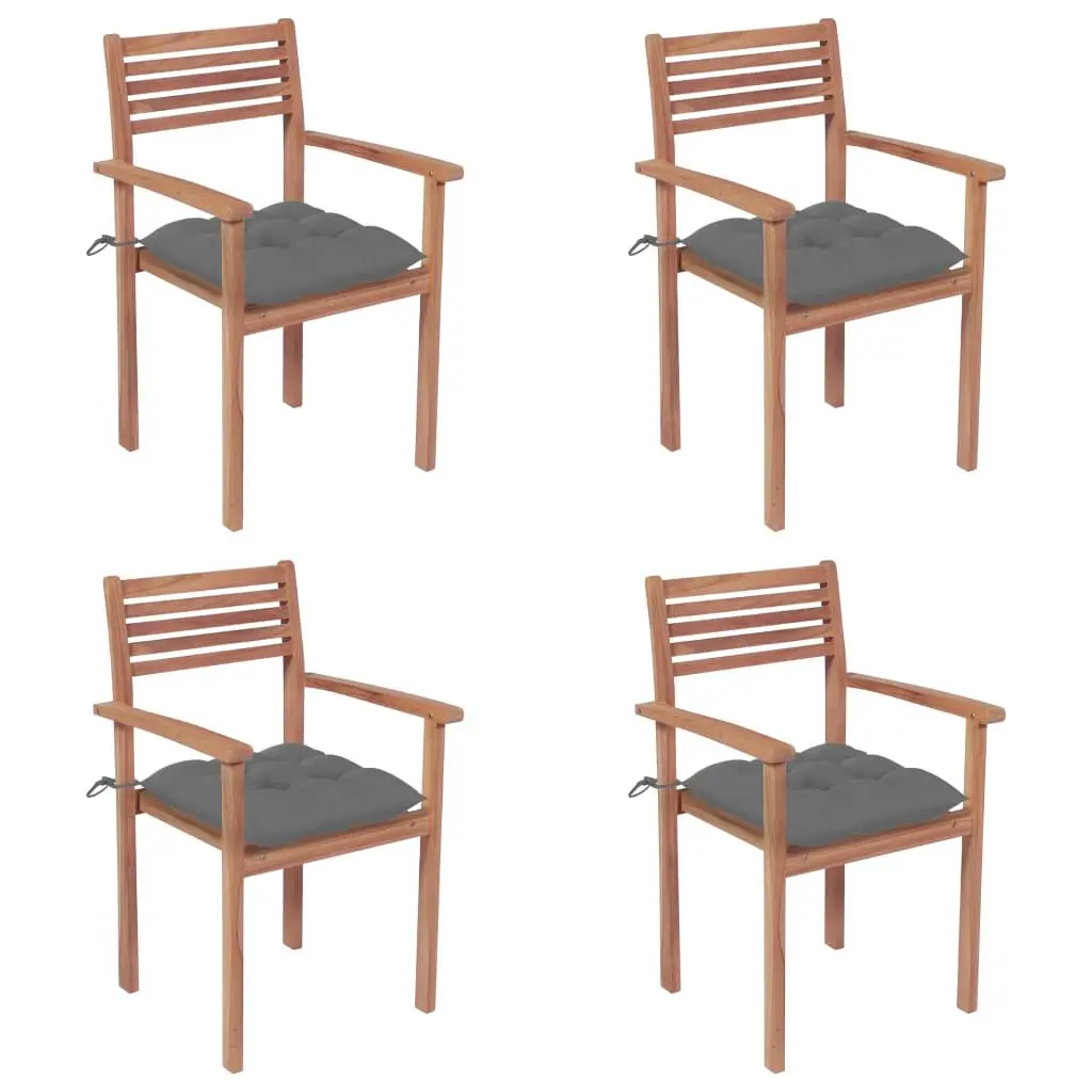 4-Piece Patio Chairs Set Gray Cushions Solid Teak Wood Garden Seating