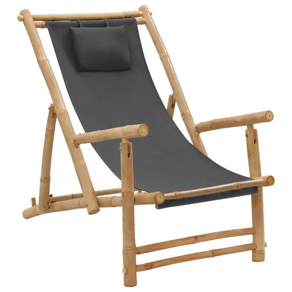 Deck Chair Bamboo and Canvas Dark Gray Outdoor Patio Furniture Garden Poolside Relaxing