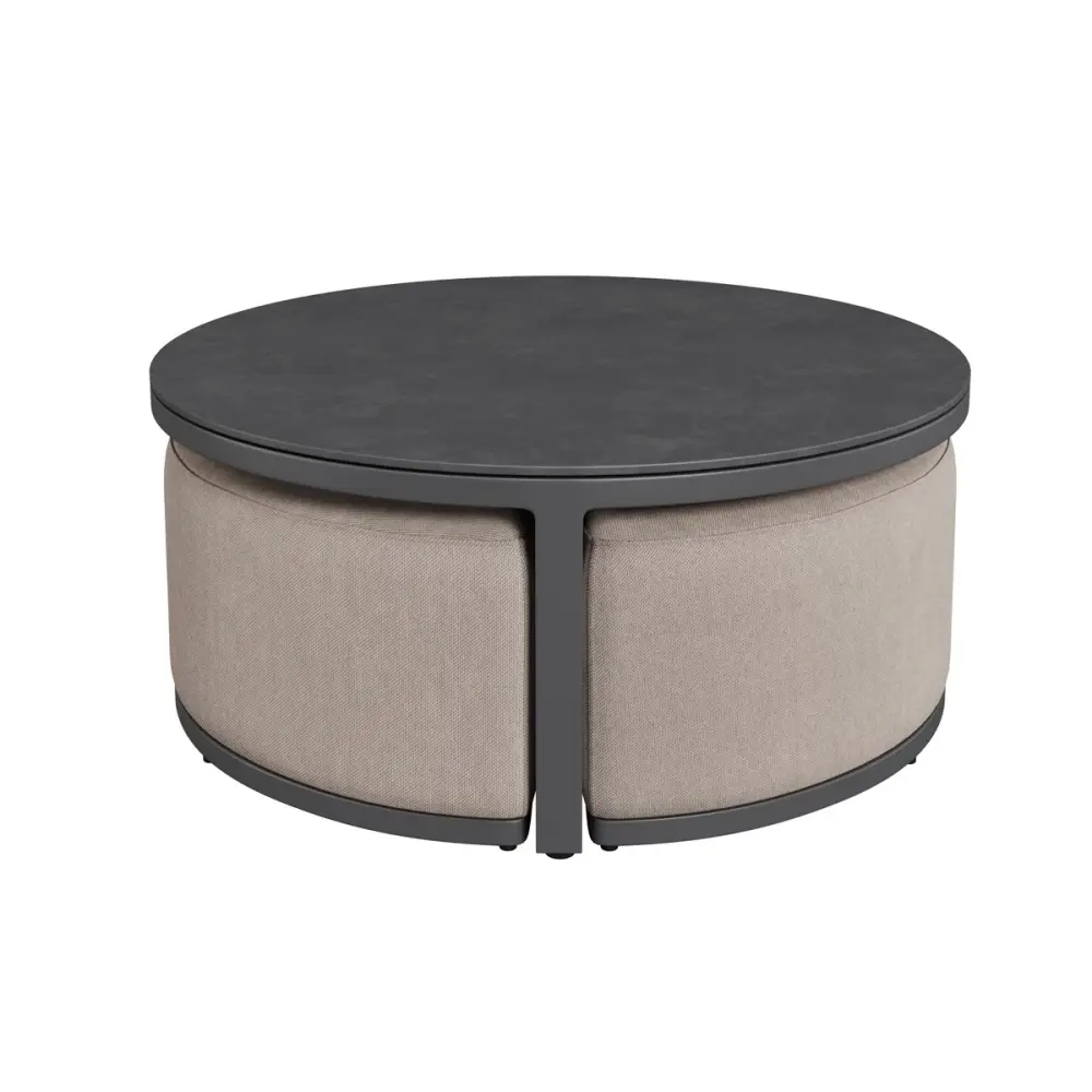 Extendable Dining Round Coffee Table 3 Footstools - Oatmeal