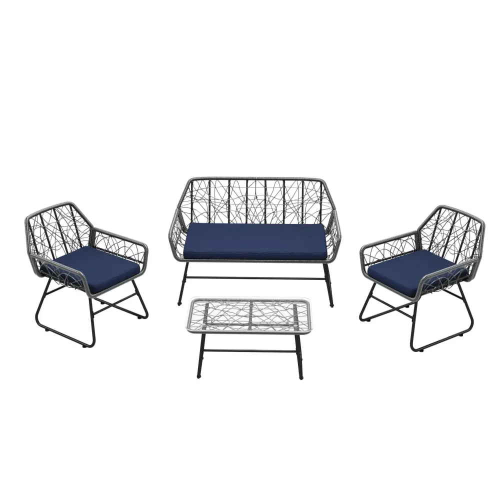 4 Piece Wicker Patio Furniture Place Tempered Glass Table And Detachable Cushions