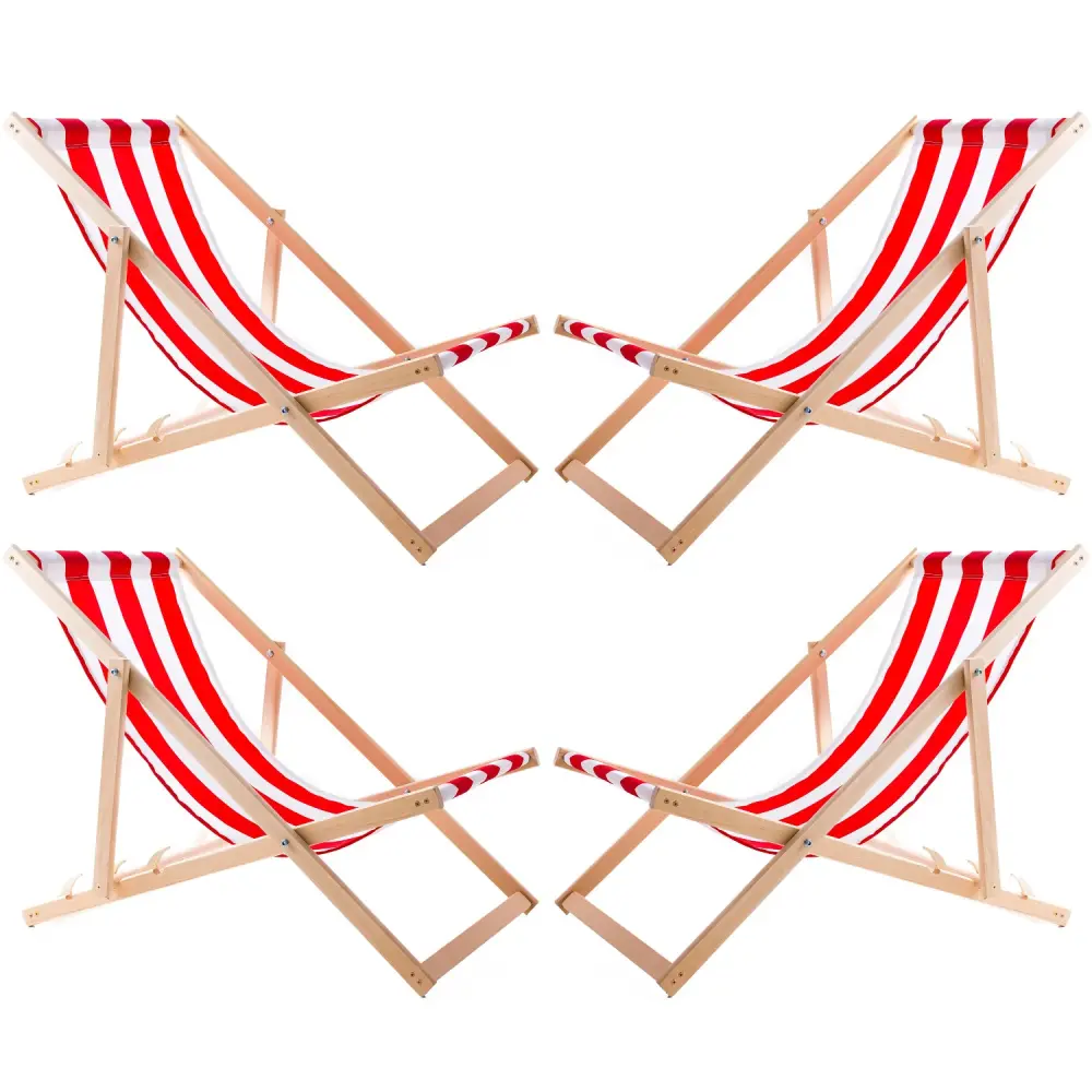 Set 4 Plush Wood Deck Chairs Red Stripes – Perfect Beach, Balcony, or Terrace, Fully Assembled