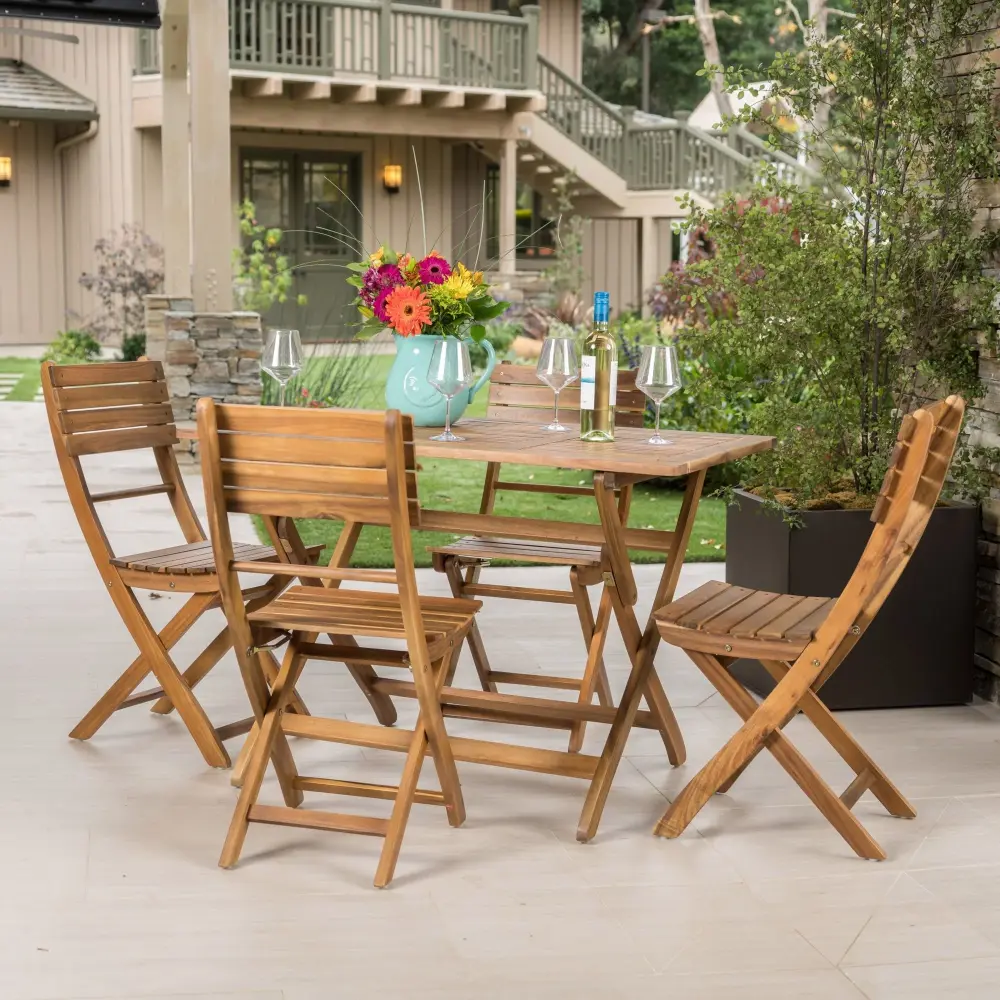 Natural 5 Piece Wood Outdoor Patio Dining Set - Real Stained