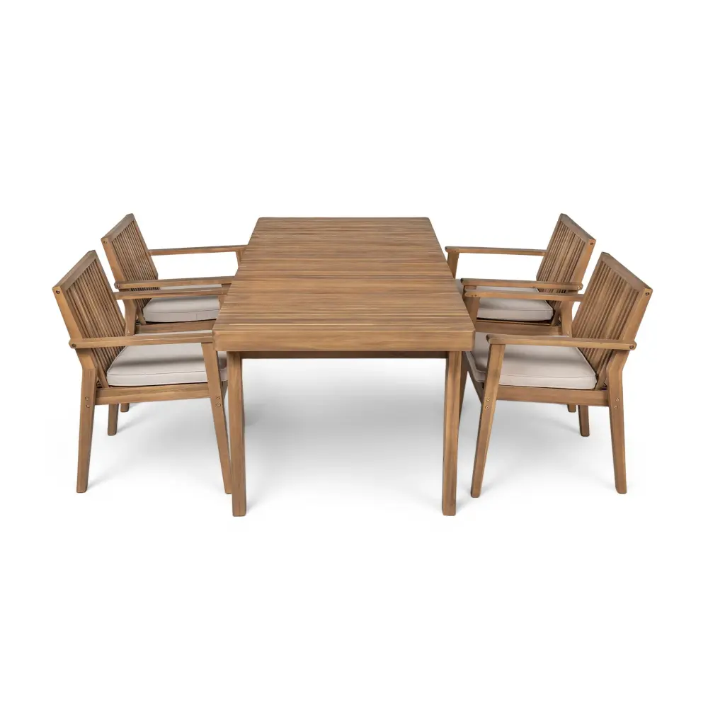 5 Piece Patio Furniture Adjust Acacia Wood Table And 4 Heavy Duty Cushioned Chairs Teak