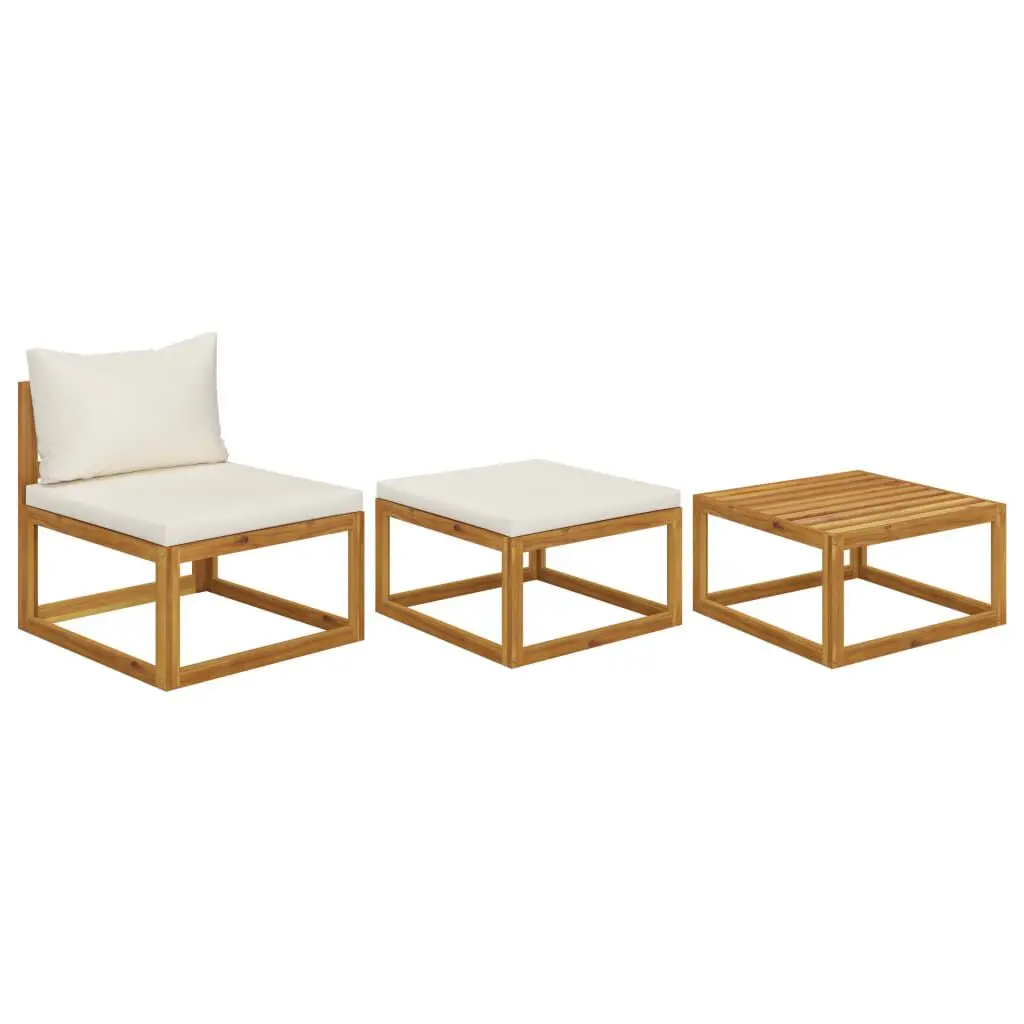 3 Piece Patio Lounge Set Cream Cushions Solid Acacia Wood Outdoor Furniture