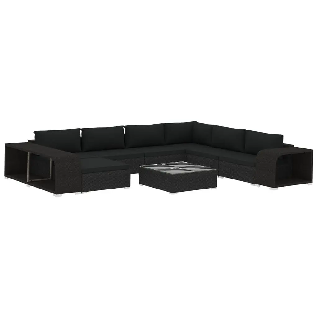 10 Piece Patio Lounge Set Cushions Black Poly Rattan Outdoor Furniture