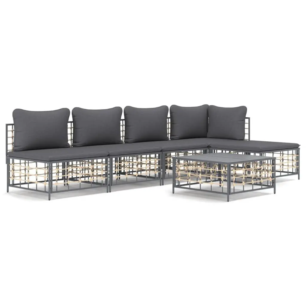 6 Piece Anthracite Poly Rattan Patio Lounge Set Premium Cushions