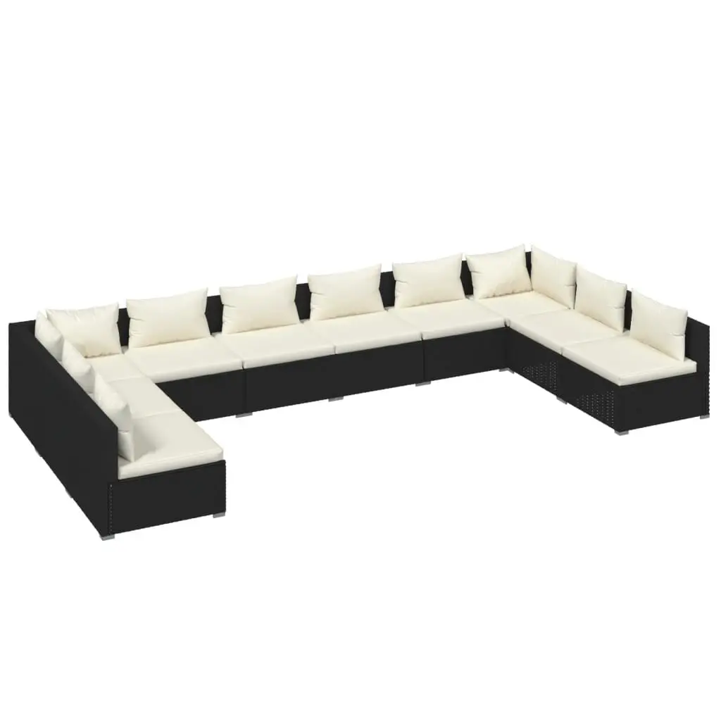 10 Piece Patio Lounge Set Cushions Black Poly Rattan Outdoor Furniture