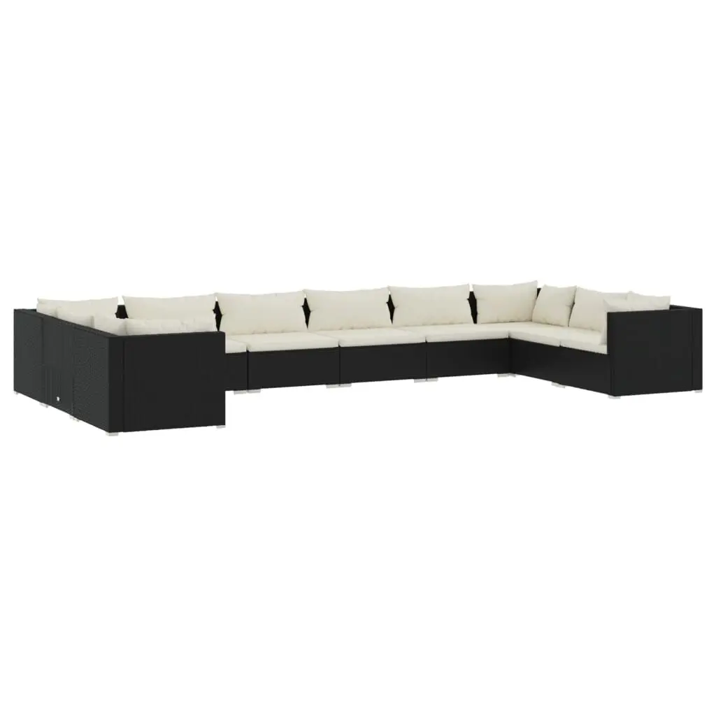 10 Piece Patio Lounge Set Cushions Black Poly Rattan Outdoor Furniture