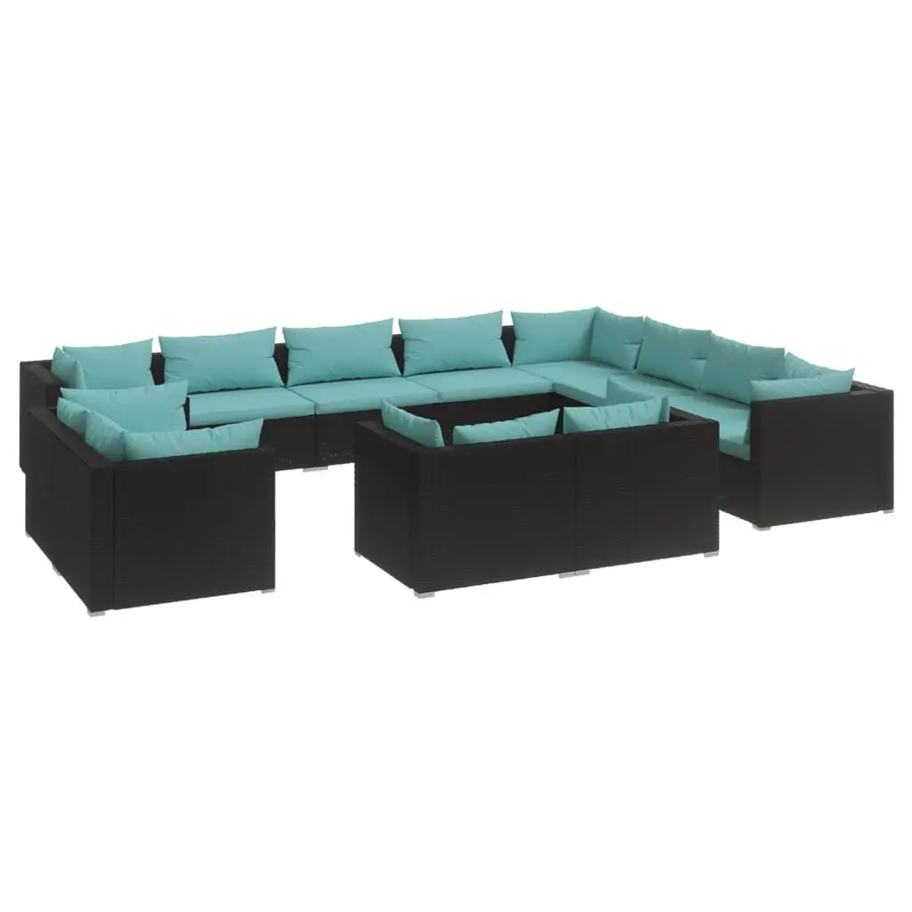 12 Piece Patio Lounge Set Cushions Black Poly Rattan Outdoor Furniture