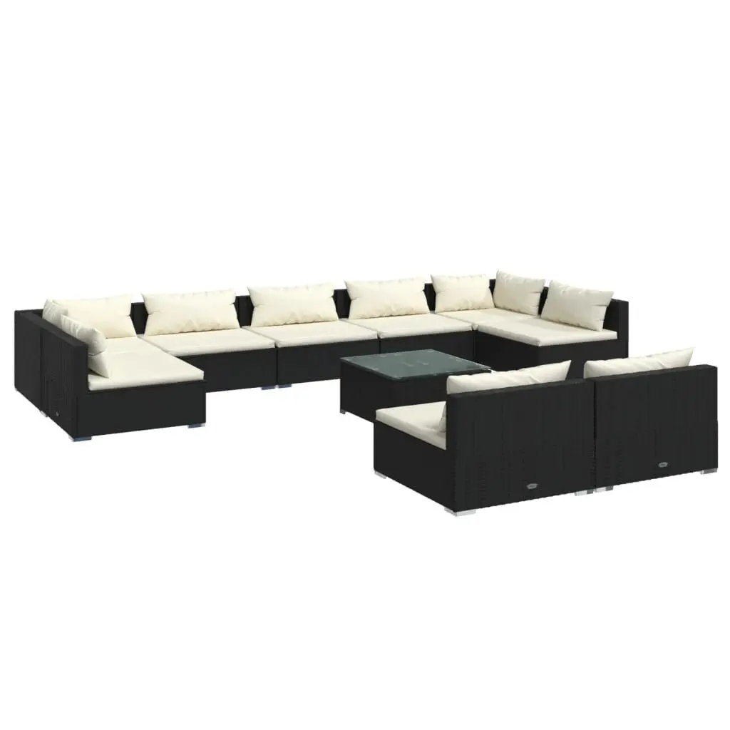 10 Piece Patio Lounge Set Cushions Black Poly Rattan Outdoor Furniture