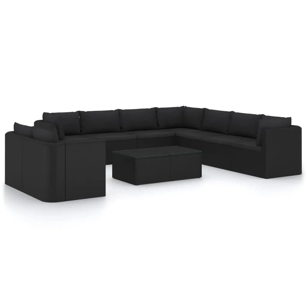11 Piece Patio Lounge Set Cushions Black Poly Rattan Outdoor Furniture