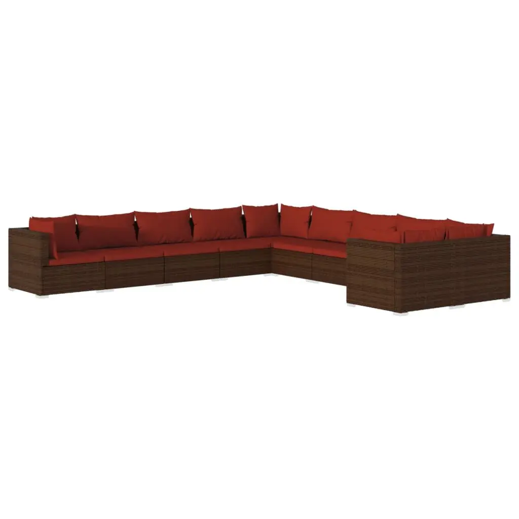 10 Piece Patio Lounge Set Cushions Brown Poly Rattan Outdoor Furniture