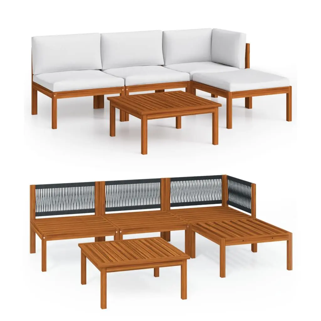 5 Piece Patio Lounge Set Cushions Cream Solid Acacia Wood Outdoor Seating