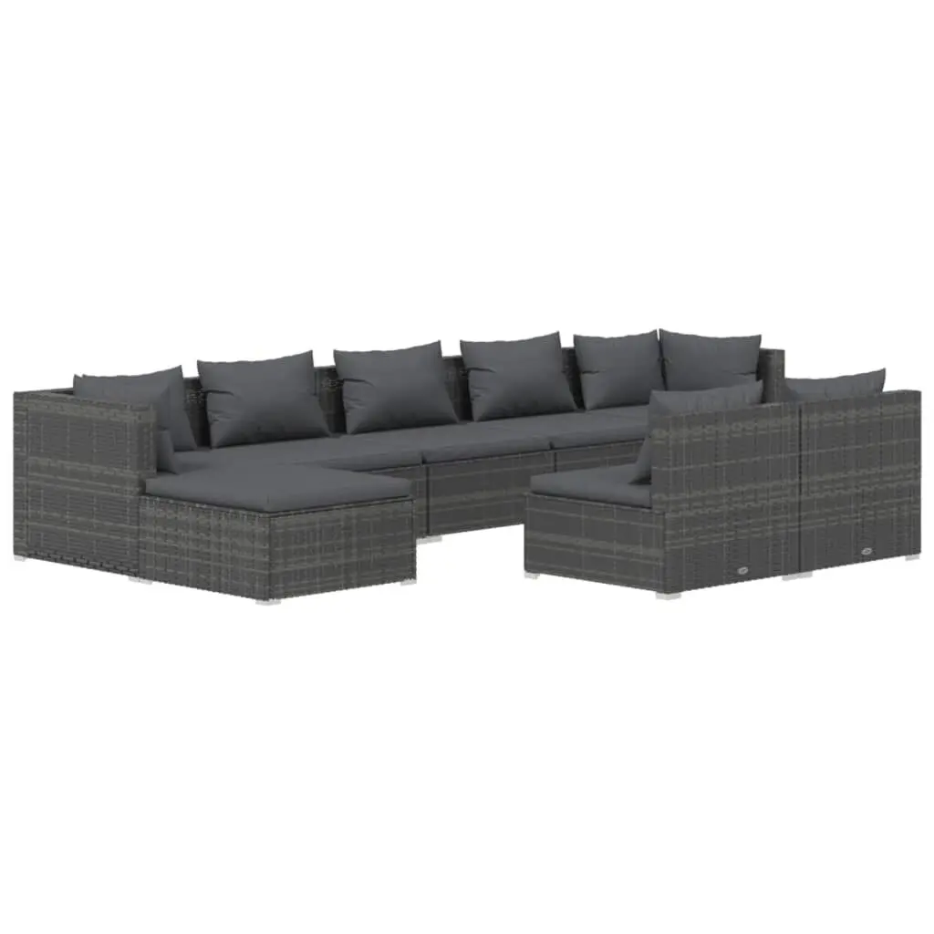 9 Piece Patio Lounge Set Cushions Gray Poly Rattan Outdoor Furniture
