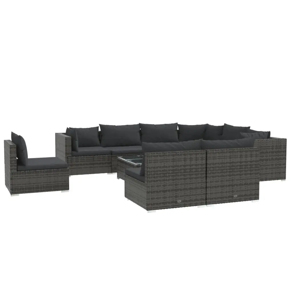 10 Piece Patio Lounge Set Cushions Poly Rattan Gray Outdoor Furniture