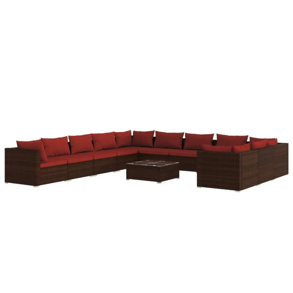 12 Piece Patio Lounge Set Cushions Poly Rattan Brown Outdoor Seating